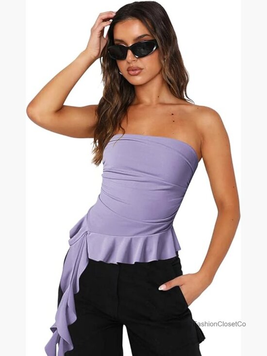 Tops - Strapless Tube Top Ruffled Asymmetrical Hem Ruched Bandeau Cami Tank